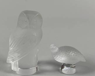Two Lalique Frosted Glass Miniature Figurines: Owl And Partridge
