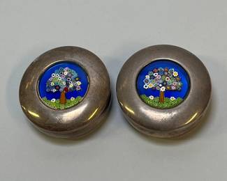 Pair Of Sterling Silver Murano Glass Millefiori Tree Souvenir Trinket Or Pill Boxes