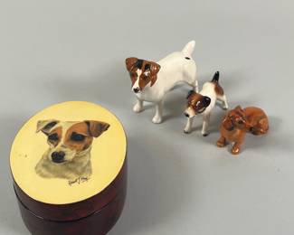 Trio Of English Porcelain Dogs And Lacquered Trinket Box: Beswick, Royal Doulton