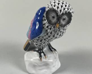 Herend Polychrome Porcelain Black Fishnet Owl Figurine