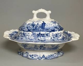 Scott's Illustrations, Bride Of Lammermoor, Blue & White Transferware Covered Tureen, England, Modern