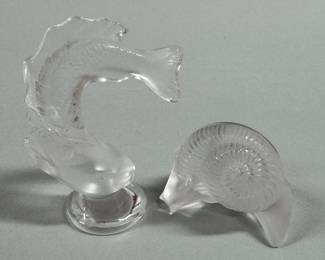 Two Lalique Frosted Glass Miniature Figurines: Jumping Fish And Snail