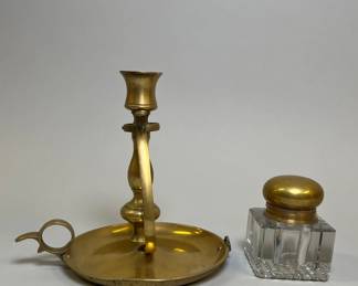 Antique Brass Candlestick And Inkwell