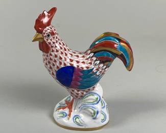Herend Polychrome Porcelain Rust Fishnet Rooster Figurine