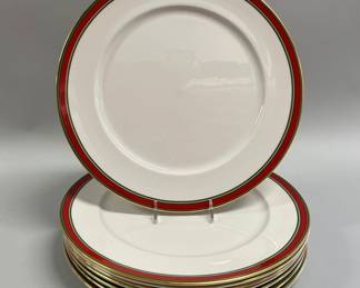 Royal Doulton English Porcelain Ribbon Red, Green & Gold Dinner Plates (8)