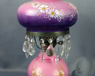Hand Painted Hurricane Lamp With Crystal Prisms