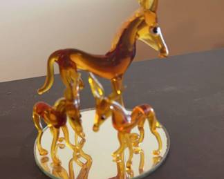 AmberBrown Glass Donkey Family with Mirror