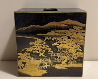 Vintage Otagiri Japan Small Black Gold Lacquer Box Of 6 Coasters