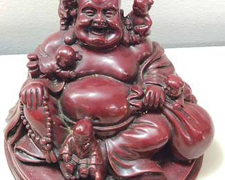 Old China Red Amber Carved Happy Laugh Maitreya Buddha Sitting Statue