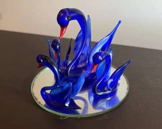 Blue Glass Swan Family with Mirror