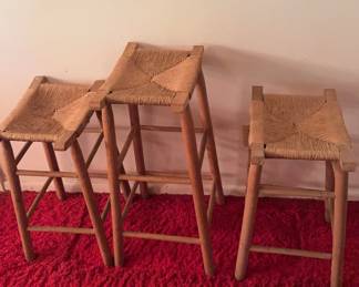 Vintage Solid Wood Rush Woven Bar Stools