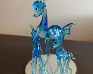 Blue Glass Deer Family with Mirror
