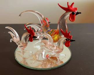 Colorful Clear Glass Chicken Family with Mirror