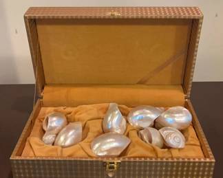 Gold Fabric Box of Shiny Shells Napkin Rings