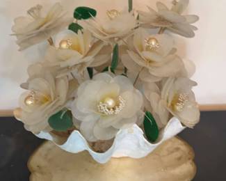 Vintage Large Capiz Shell Floral Arrangement In Capiz Bowl 12 Tall