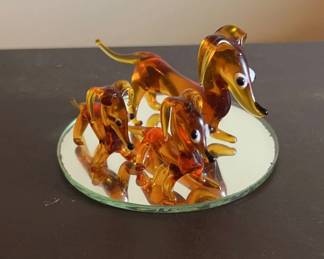 Amber Glass Dog Family with Mirror