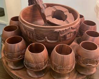 Hand Carved Wooden Punch Bowl Set