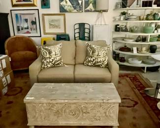 Klausner Loveseat and White Washed Chest/Coffee Table