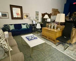 Deep Blue Futon, Coffee Table and Steamer Chest with Storage