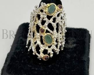 BRUTALIST CORAL INSPIRED 14K SILVER AND PRECIOUS STONE RING