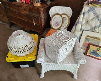 White Wicker Hanging Lamp, Basket & Chair