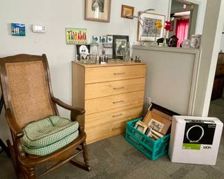 VINTAGE CANE SEAT & BACK ROCKING CHAIR, DRESSER, PICTURE FRAMES