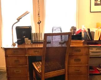MCM DESK, CHAIR, OTT-LITE FLOOR LAMP, PAPER SHREDDER, OFFICE SUPPLIES