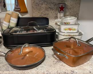 COPPER CHEF POT, POWER SMOKELESS GRILL, “SPICE OF LIFE” CORNING WARE