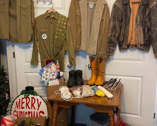 VINTAGE BOY SCOUT SHIRTS, VINTAGE JACKETS, DROP LEAF TABLE, VINTAGE COWBOY BOOTS-SIZE UNKNOWN