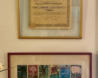 FRAMED PALM TREE ART, 1922 FRAMED BEARER BOND CANNES, FRANCE FOR THE “PARC DES SPORTS HESPERIDES”