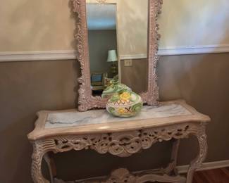 Vintage Marble & wood foyer or sofa table with matching mirror.