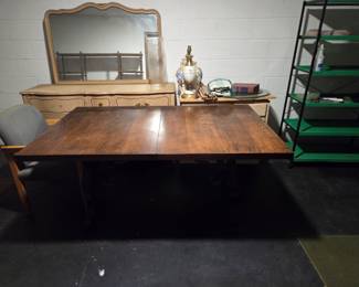 Large vintage wood dining table with a separate leaf and wrought iron base-no chairs