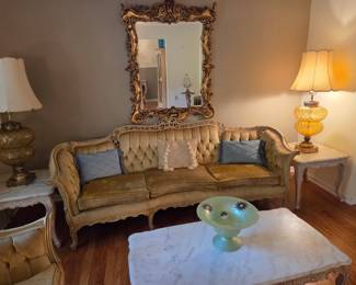 French Provencal set - exquisite gold mirror- marble cocktail table & end marble table-globe vintage lamps