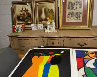 Variety of oil painting and vintage newspaper