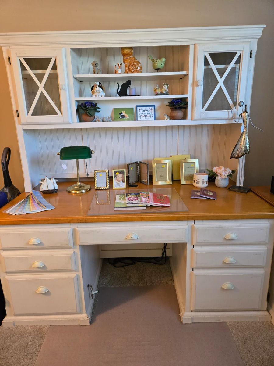 Farmhouse/Country Chic Desk with Natural Wood Top. One File Cabinet & Center Drawer Drops for Pull Out Keyboard Space. Matching File Cabinet