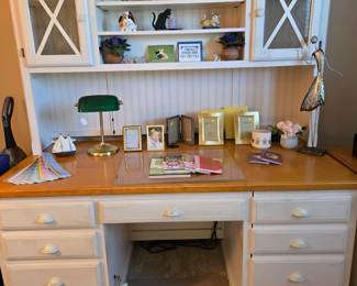 Farmhouse/Country Chic Desk with Natural Wood Top. One File Cabinet & Center Drawer Drops for Pull Out Keyboard Space. Matching File Cabinet