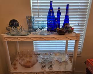 Cobalt Blue Bottles (one is a Cat!) Light Blue Wine Glasses, Tray Etc. Pink Depression Etched Glasses & Bowl