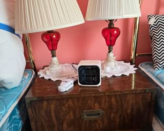 2 VTG Milk Glass Base Lamps with Red Body Night Stand