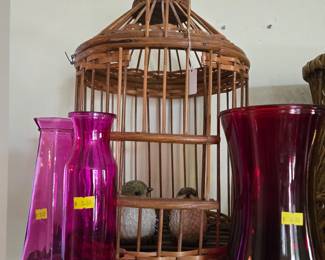 Rattan Bird Cage with Slide Up Door Opening. Colored Bottles & Vase