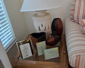 End Table Wood/Glass, Picture Frames, Lamp lights at top and in Base