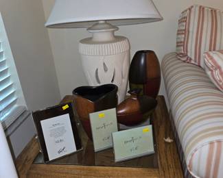 Glass Top End Table, Picture Frames, Lamp lights at top and also in the base