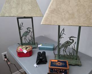 Die Cut Metal Blue Heron Lamps. Green Patina Finish. Vtg Bank (no key) Tetley Tea Metal Box, Binoculars,
