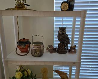 Brass Swivel Teapot & Tray, Asian Bisquit Jars, Owl, Wood Dolphin, Glass Dolphin & Seahorse Candle
