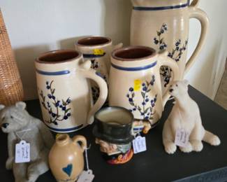 Stone Figurines, & Pitcher/Mugs