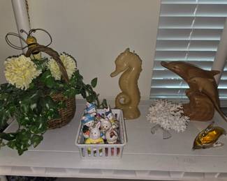 Wax Seahorse Candle, Hand Carved Dolphin, Hand Blown Amber Dolphin, Coral in stand, silk flowers & Bunny Family Figurines