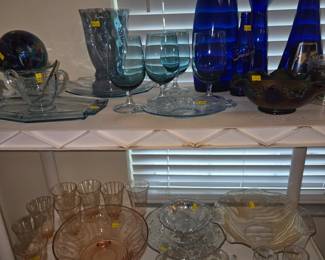 Pink Depression Bowl & Etched Glasses, Light Blue Misc, Cobalt Blue Bottles (One is a cat)