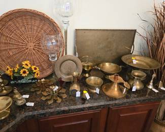 Brass of all kinds, Tray, Plate, Bowls, Candle Holders, Bells. Wicker Tray