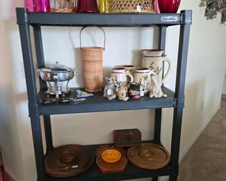 Misc. Stone Pitcher & Mugs, Wood Chip & Dip, Wicker Wine Cooler, Bird Cage Wicker Table