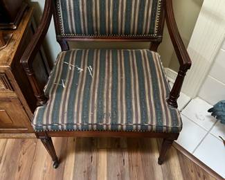 #45 - $90 - Hickory armchair green with red & cream stripes 34tx24wx20d
