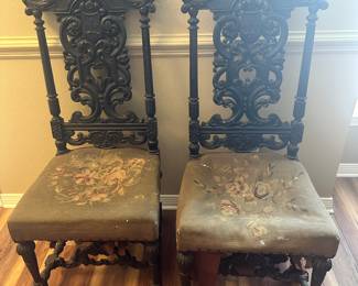 #12 - $300 - 2-Antique Renaissance highly carved shield chairs with embroidered 50tx20wwx19d